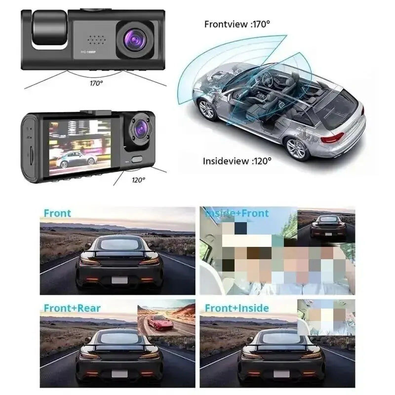 Dash cam with HD 1080P 3-Lens Three Way Camera DVRs Recorder Video