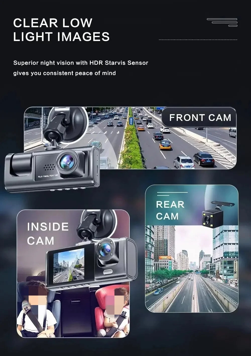 Dash cam with HD 1080P 3-Lens Three Way Camera DVRs Recorder Video