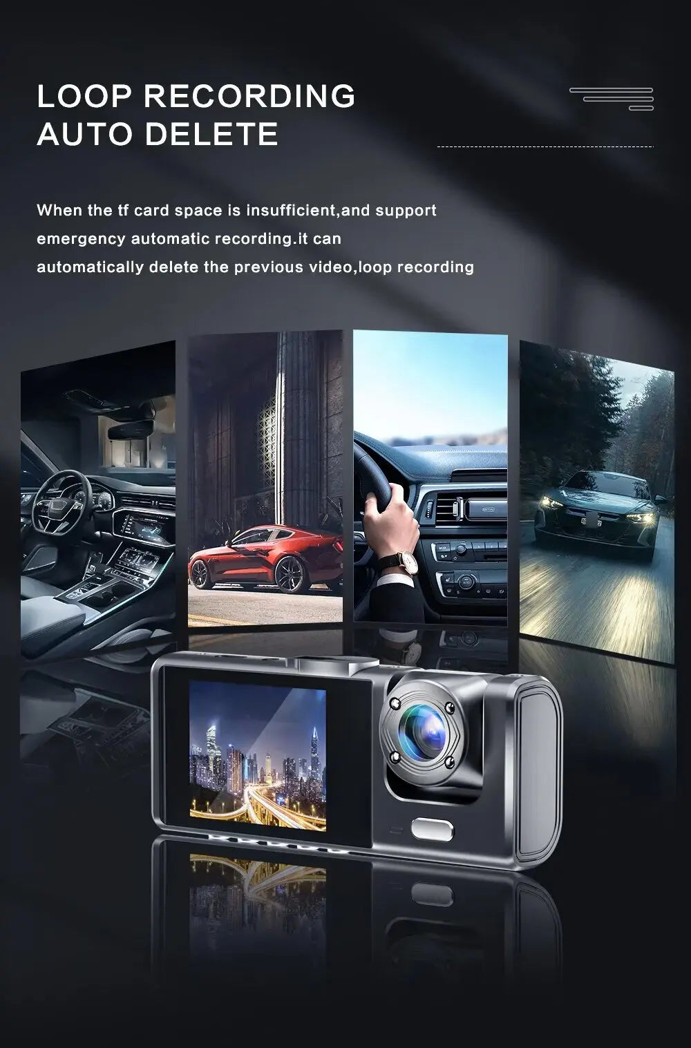 Dash cam with HD 1080P 3-Lens Three Way Camera DVRs Recorder Video