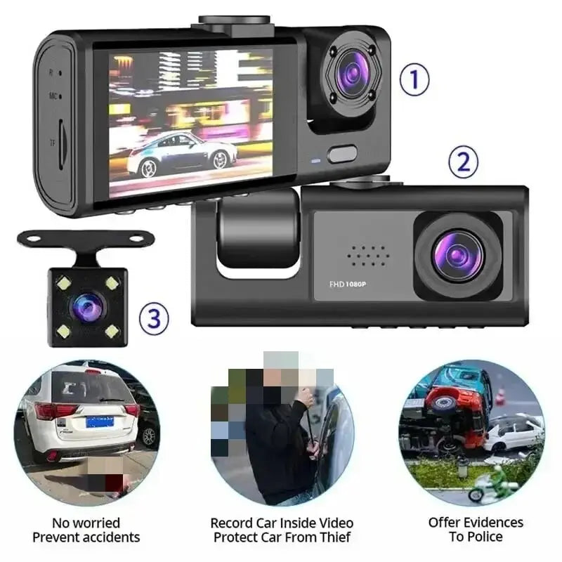 Dash cam with HD 1080P 3-Lens Three Way Camera DVRs Recorder Video