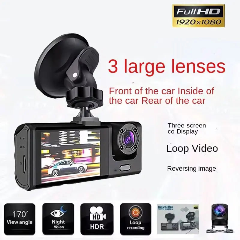 Dash cam with HD 1080P 3-Lens Three Way Camera DVRs Recorder Video